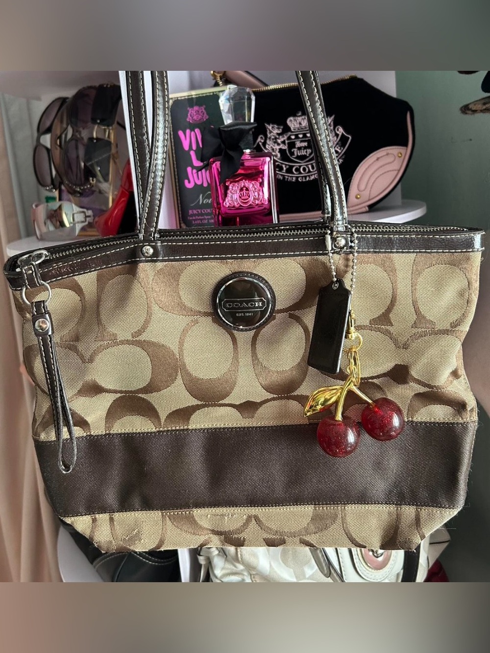 Coach Brown Signature Tote with Gold & Red Cherry Charm